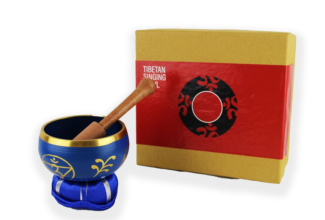 Traditional style brass Tibetan singing bowl hand finished with the chakra symbols around the sides