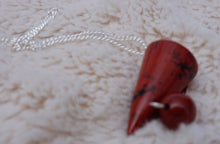 Load image into Gallery viewer, Red Jasper quartz cone pendulum dowser on silver chain with pendulum board
