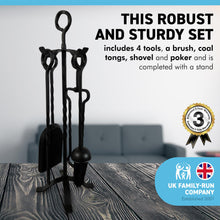 Load image into Gallery viewer, Five-piece metal black spiral eye handled Fireplace Companion Set | Fire companion sets | includes stand, brush, tongs, poker, and shovel | 53cm high | wood burner set | Fireside tools accessories | fire set
