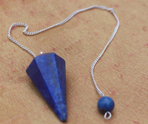 Lapis Lazuli faceted pendulum dowser on silver chain with pendulum board