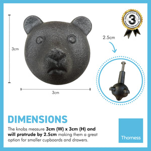 Pack of 2 CAST IRON BEAR FACE DRAWER KNOBS for Kitchen cupboards | Cast Iron Antique style finish | Vintage charm meets modern functionality | 3cm wide x 2cm depth |