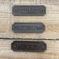 Three Cast Iron Room Plaques Bathroom Toilet and Netty