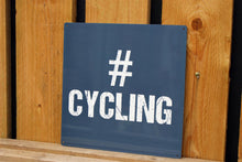 Load image into Gallery viewer, Navy #cycling metal sign with holes for wall hanging
