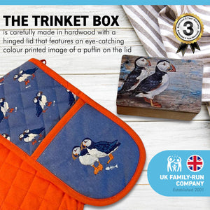 WOODEN PUFFIN DESIGN KEEPSAKE BOX and OVEN GLOVE CUTE PUFFIN SEA BIRD DOUBLE OVEN MITTS | Keepsake and Wooden Gift Boxes | Heat Resistant Kitchen Oven Mitts with Soft Quilted Cotton Lining Filling