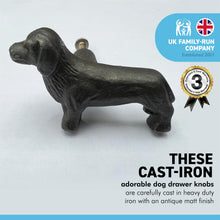 Load image into Gallery viewer, CAST IRON ADORABLE DOG DRAWER KNOB for Kitchen cupboards | Cast Iron Antique style finish | Vintage charm meets modern functionality | 6.5cm wide x 2cm depth
