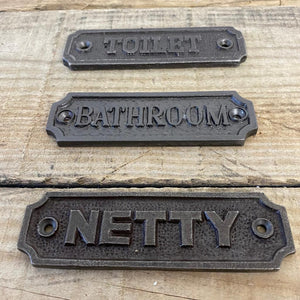 Three Cast Iron Room Plaques Bathroom Toilet and Netty