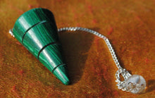 Load image into Gallery viewer, Green Malachite smooth pendulum dowser on silver chain with pendulum board
