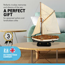 Load image into Gallery viewer, DETAILED WOODEN ASSEMBLED DISPLAY MODEL OPEN YACHT | Ready for display |Features adjustable rigging blocks sewn cotton sails raised gunwales and brass fittings | 62cm (H) x 44cm (L)
