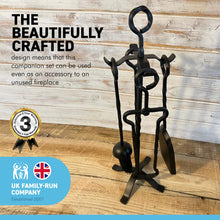 Load image into Gallery viewer, Five-piece metal black spiral eye handled Fireplace Companion Set | Fire companion sets | includes stand, brush, tongs, poker, and shovel | 53cm high | wood burner set | Fireside tools accessories | fire set
