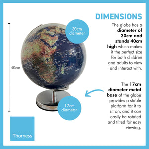 30cm diameter colour illuminated globe with sturdy metal base | Interactive study globe | illuminated globes of earth | 30cm (w) x 40cm (h) | Illuminated globe for Children and Adults.