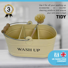 Load image into Gallery viewer, Cornish cream colour kitchen sink enamel washing up sink tidy with wooden handled brush
