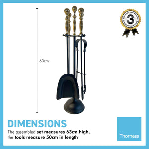 Large brass handled metal 5-piece fireside companion set | Fire companion sets | includes stand, brush, tongs, poker, and shovel | 63cm high