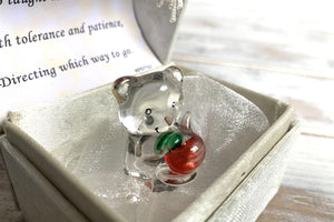 Thank you, teacher gift, with glass bear holding a red apple with thoughtful touching verse