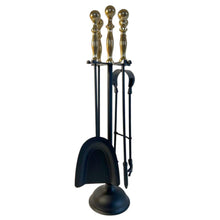 Load image into Gallery viewer, Large brass handled metal 5-piece fireside companion set | Fire companion sets | includes stand, brush, tongs, poker, and shovel | 63cm high
