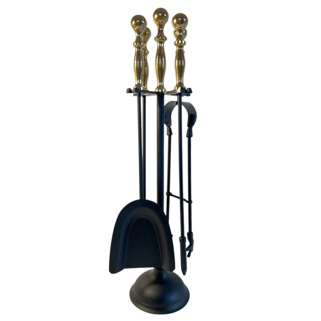 Large brass handled metal 5-piece fireside companion set | Fire companion sets | includes stand, brush, tongs, poker, and shovel | 63cm high