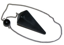 Load image into Gallery viewer, Black Obsidian faceted pendulum dowser on silver chain with pendulum board
