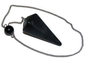 Black Obsidian faceted pendulum dowser on silver chain with pendulum board