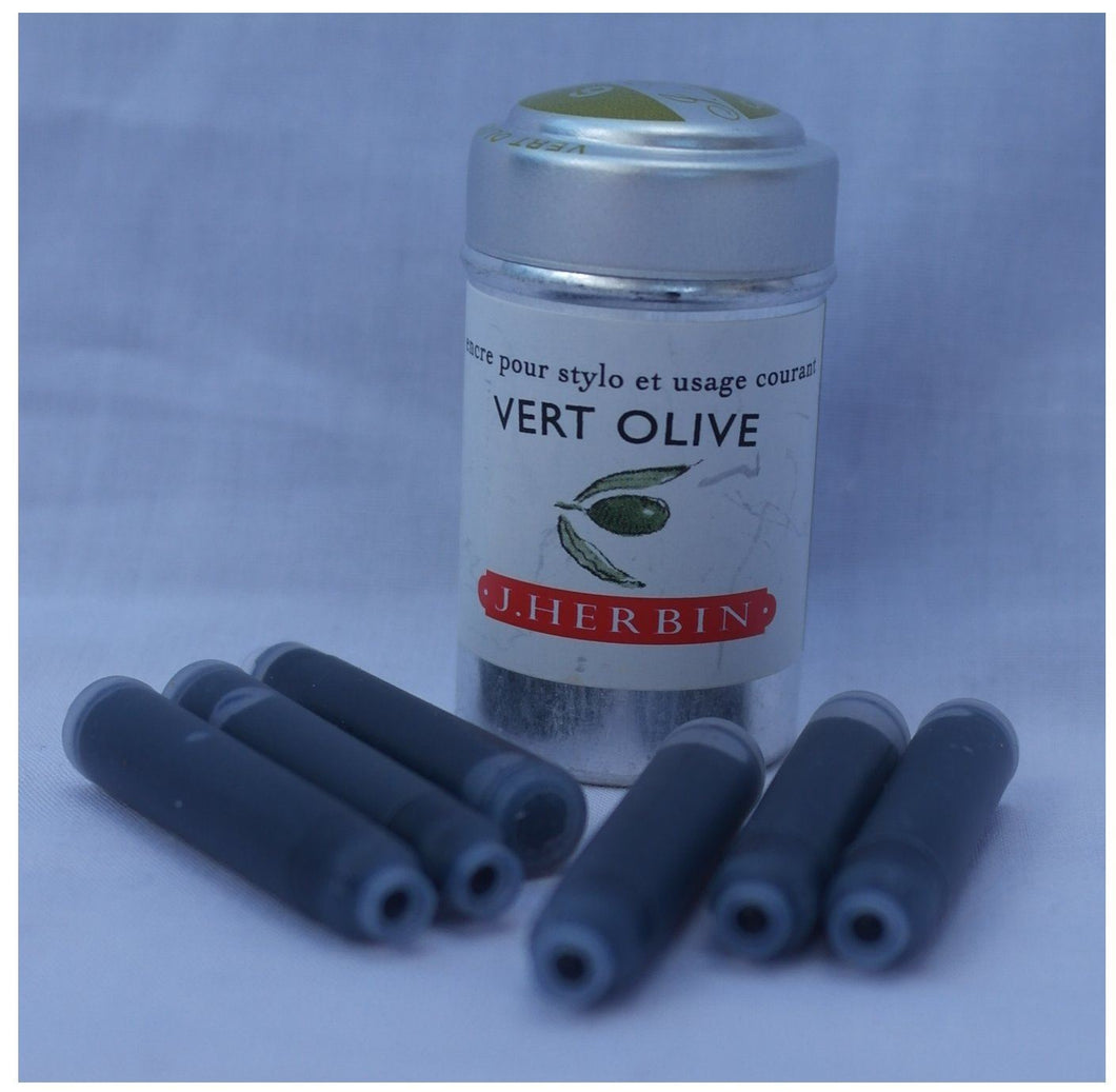 Six J Herbin Writing Ink Cartridges - Green, Vert Olive