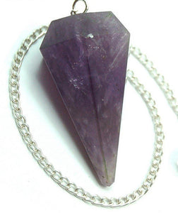 Amethyst faceted pendulum dowser on silver chain with pendulum board