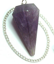 Load image into Gallery viewer, Amethyst faceted pendulum dowser on silver chain with pendulum board
