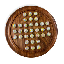 Load image into Gallery viewer, 30cm Diameter WOODEN SOLITAIRE BOARD GAME with GLASS Pan American WHITE MARBLES WITH MULTI COLOURED SWIRLS | classic wooden solitaire game | strategy board game | family board game | games for one
