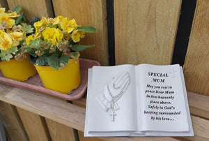 Free standing Special Mum book shaped memorial with inspirational verse
