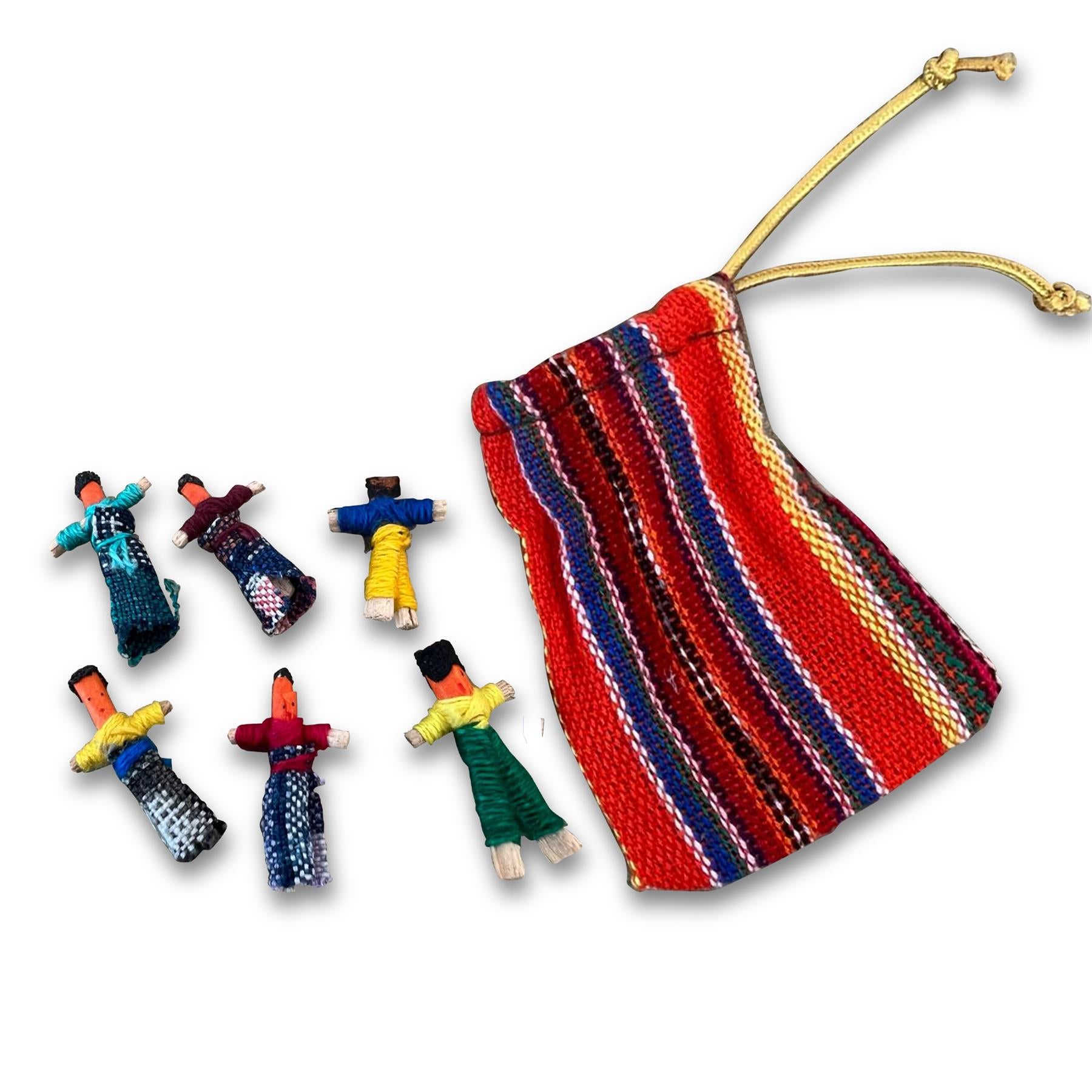 Set of 10 Guatemalan Handmade Worry Dolls With a Colourful Crafted Storage  Bag 