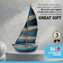 Load image into Gallery viewer, DECORATIVE MODEL METAL BERMUDA STYLE RIGGED ORNAMENTAL YACHT | Striped sails | 17cm (L) x 26cm (H) | Ready for display |Perfect for a nautical themed bathroom
