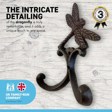 Load image into Gallery viewer, Cast Iron Dragonfly Double Robe Hook | Cloakroom Hook | Decorative Double Hook |Height 130mm x Width 100mm x Depth 30mm | Fixing Screws Supplied
