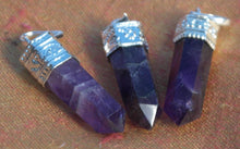 Load image into Gallery viewer, Set of three silver plated Amethyst pencil point pendants
