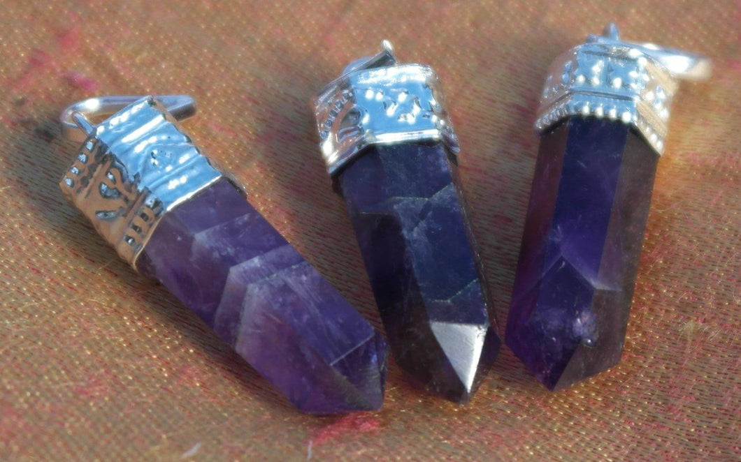 Set of three silver plated Amethyst pencil point pendants