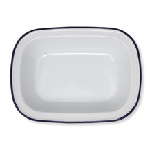Load image into Gallery viewer, White 24cm oblong enamel Pie Dish with navy blue edging
