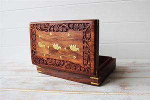 Flower Pattern Wooden Brass Elephants Treasure Chest Trinket Box
