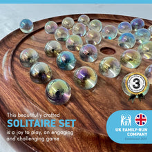 Load image into Gallery viewer, 30cm Diameter WOODEN SOLITAIRE BOARD GAME with SOAP BUBBLE CLEAR PEARLESCENT GLASS MARBLES | classic wooden solitaire game | strategy board game | family board game | games for one | board games
