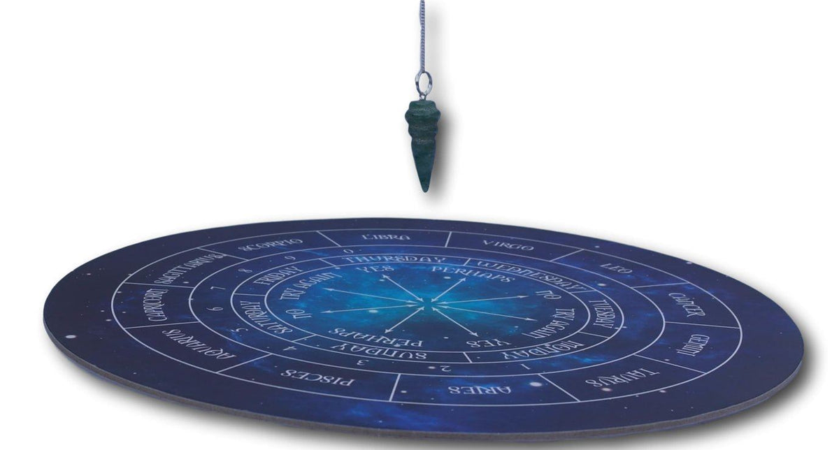 Jade carved crystal dowser on silver chain with pendulum board ...