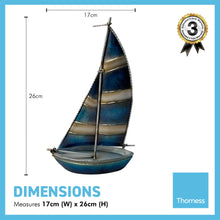 Load image into Gallery viewer, DECORATIVE MODEL METAL BERMUDA STYLE RIGGED ORNAMENTAL YACHT | Striped sails | 17cm (L) x 26cm (H) | Ready for display |Perfect for a nautical themed bathroom
