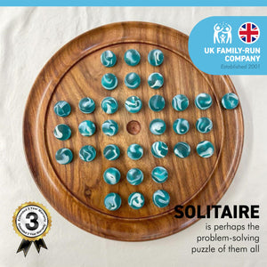 30cm Diameter WOODEN SOLITAIRE BOARD GAME with FROSTED ICEBERG GLASS MARBLES | classic wooden solitaire game | strategy board game | family board game | games for one | board games