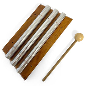 Indonesian three key Aura Chime on wooden base | 3 solid metal chimes | supplied with wooden beater | Sound Therapy | Space Clearing | Feng Shui | Zenergy Trio chime | Three bar aura chime | Energy Chime