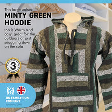 Load image into Gallery viewer, MINTY GREEN Mexican Baja Jerga HOODIE Hippie Festival top | SIZE LARGE | Warm and cosy with brushed soft lining | Blended 50% Acrylic, 50% Cotton | oversized fit jumper hoodies.

