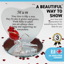 Load image into Gallery viewer, Frosted Glass Heart shaped Plaque with heartfelt moving verse for Mum | Unique gift for your mother | Includes red glass rose with gold edging on a mirror plinth | Gift Boxed with matching ribbon
