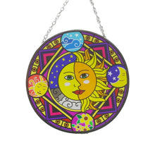 Load image into Gallery viewer, Glass sun catcher with sun and moon design with four seasons border | 150mm diameter with chain for hanging | colour catcher | window decoration | perfect for conservatory | living rooms | garden
