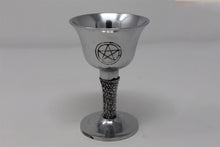 Load image into Gallery viewer, Silver coloured gothic goblet chalice with magic pentagram symbol perfect for use as a home altar piece / wiccan / wicca / meditation / gothic
