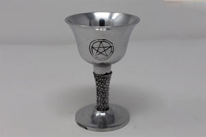 Silver coloured gothic goblet chalice with magic pentagram symbol perfect for use as a home altar piece / wiccan / wicca / meditation / gothic