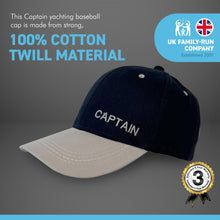 Load image into Gallery viewer, Set of 4 Adjustable CAPTAIN NAVY BLUE BASEBALL CAPS | yachting cap | sailors cap | 100% cotton twill material | low profile front contrast peak | six panel hat | Ideal for the person who thinks they are in charge

