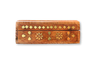 Leaf Pattern Brass Solid Wood Treasure Chest Trinket Box