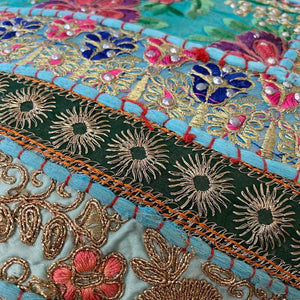 Classic Brocade, Diagonal Patchwork, Embroidered, Indian Footstool - Turquoise.