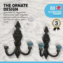 Load image into Gallery viewer, Set of 2 CAST IRON FRENCH STYLE DOUBLE ORNATE HOOKS | Duck Egg Blue Ceramic Ball Tops | Cloakroom Hook | Decorative Double Hook, hat and coat hook | 15cm x 11cm. .
