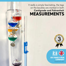 Load image into Gallery viewer, 33cm Tall GLASS GALILEO THERMOMETER with five coloured floating bauble globes | Centigrade and Fahrenheit display| Weather station | Barometer | Storm Glass | desk gadget
