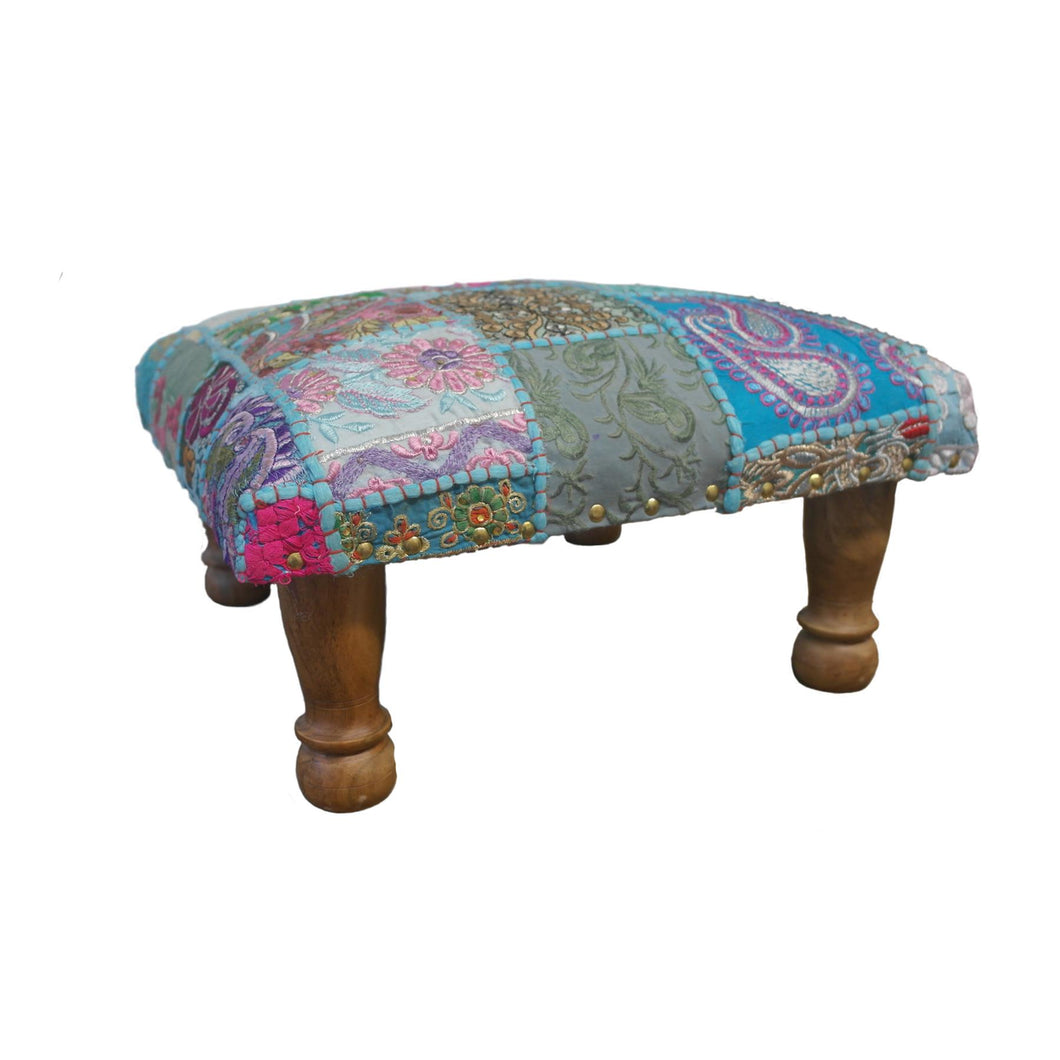 Classic turquoise patchwork brocade Indian footstool