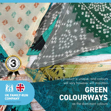 Load image into Gallery viewer, RECYCLED SARI FABRIC BUNTING | Green colours | 5m long | Garland for Garden Wedding Birthday Indoor Outdoor Party Decoration Festival | Diwali bunting | Bohemian Bunting

